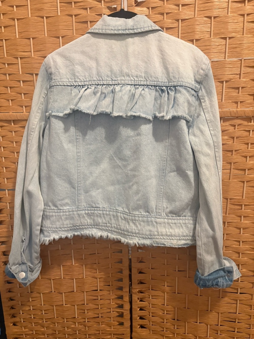 NWOT AQUA Light Wash Denim Jacket with Frayed Ruffle Detail